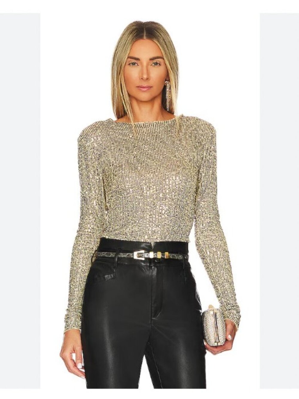 Free People Gold Rush Top Womens Medium Sequin Sheer Open Knit Pullover Top